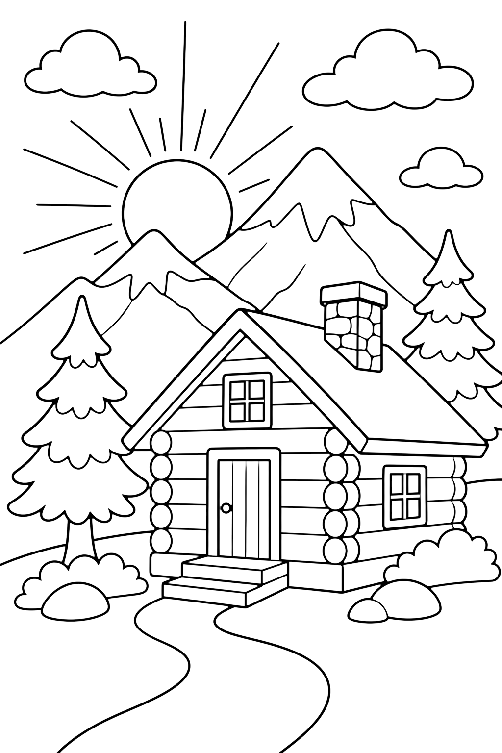 mountain cabin sunset coloring page with a cabin in front of mountain peaks at sunset with a low sun, simple sun rays, pine trees, a path, and soft clouds for kids