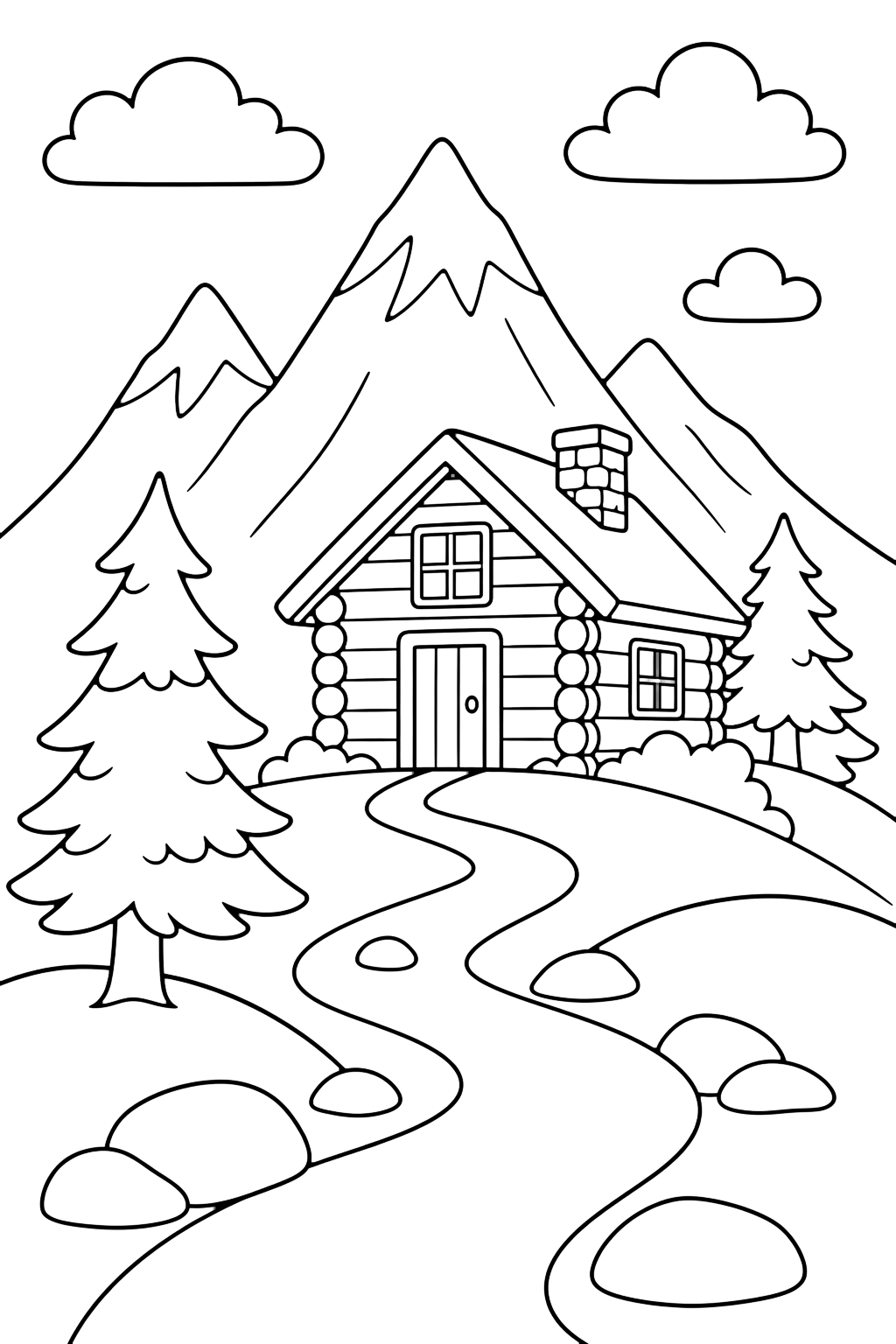 mountain cabin trail coloring page with a winding trail leading to a mountain cabin with rounded hills, large trail stones, pine trees, tall peaks, and clouds for kids