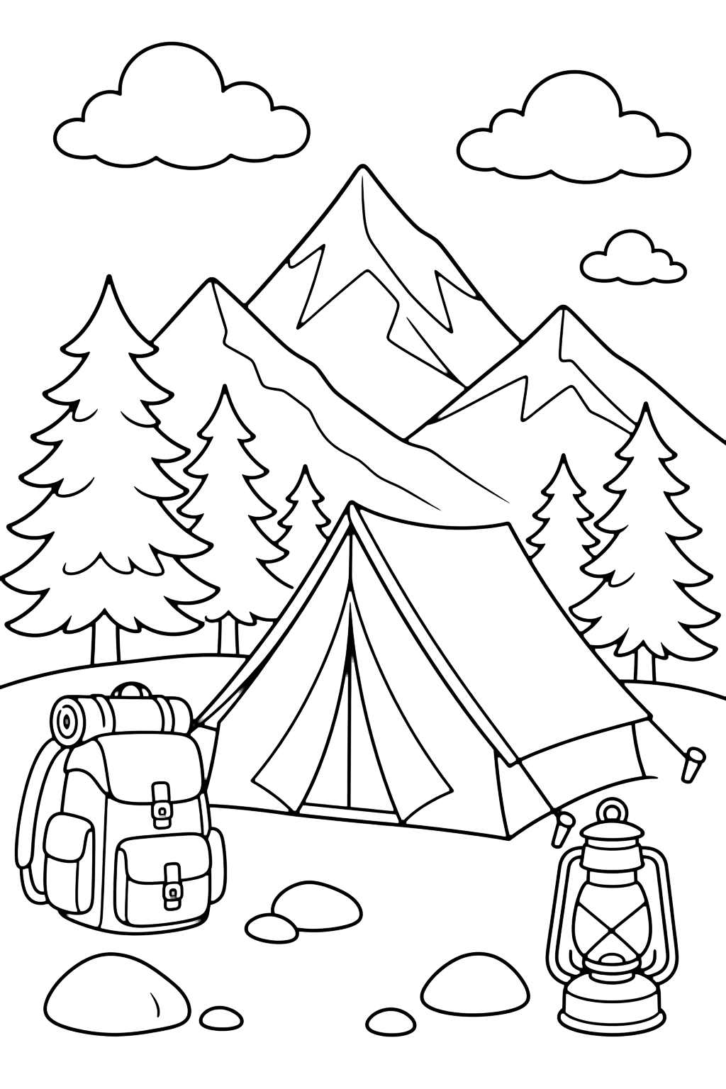 Bergcamping im Tannenwald Ausmalbild