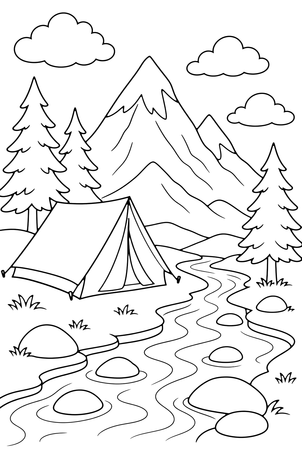 Bergcamping am Fluss Ausmalbild