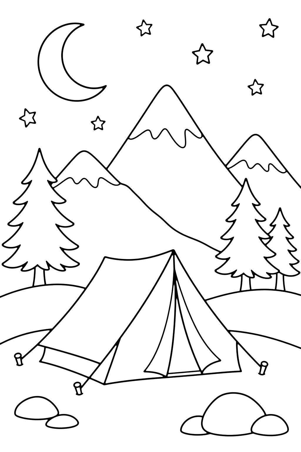 mountain camping starry night coloring page with a mountain campsite with a tent under a simple starry sky, crescent moon, pine trees, rounded hills, and distant peaks for kids