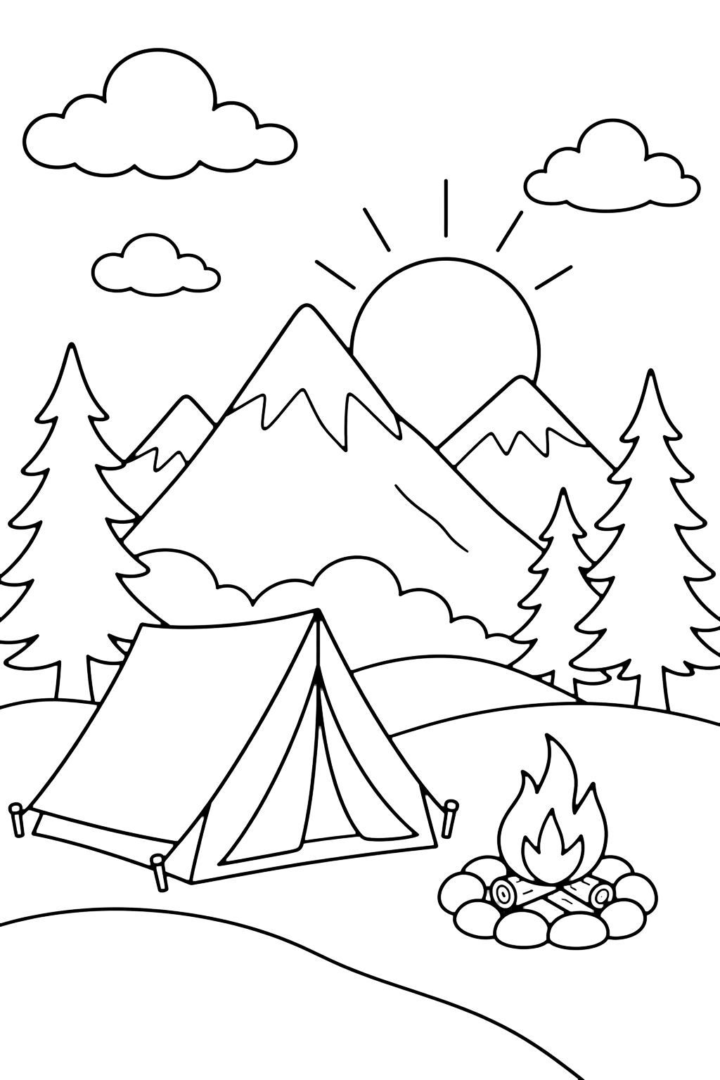 mountain camping sunset coloring page with a tent campsite at sunset with a low sun behind mountain peaks, pine trees, a small campfire ring, clouds, and rounded hills for kids