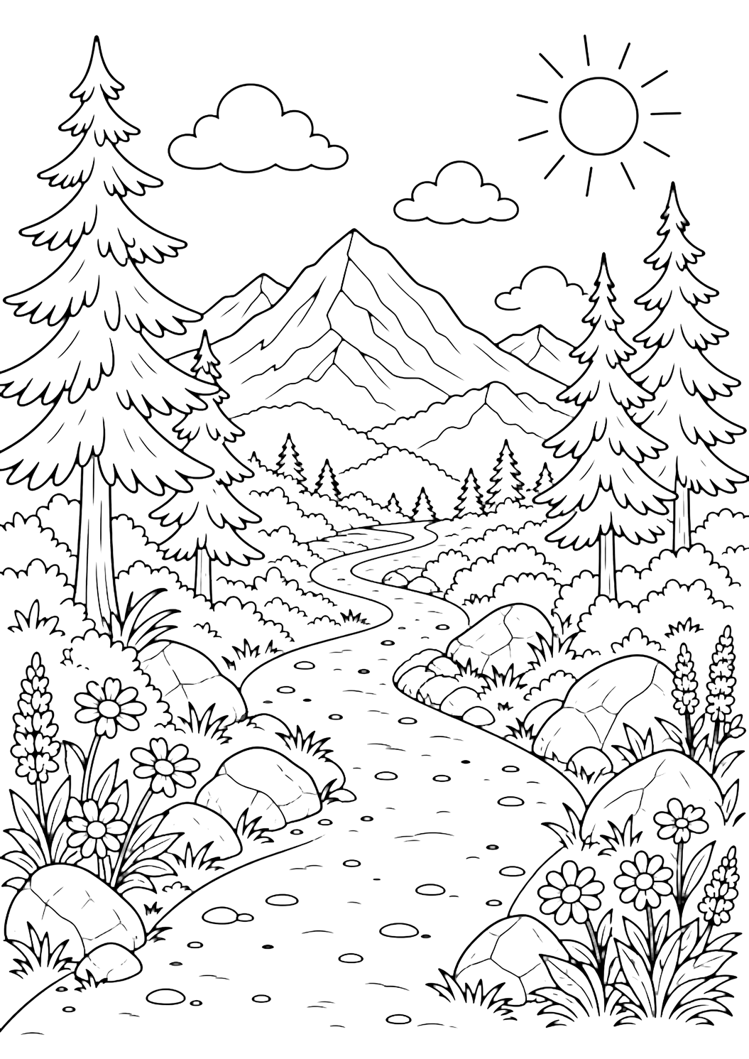Dibujo de senderismo con sendero de montaña. Ideal para imprimir, descargar, colorear online y actividades de verano.
