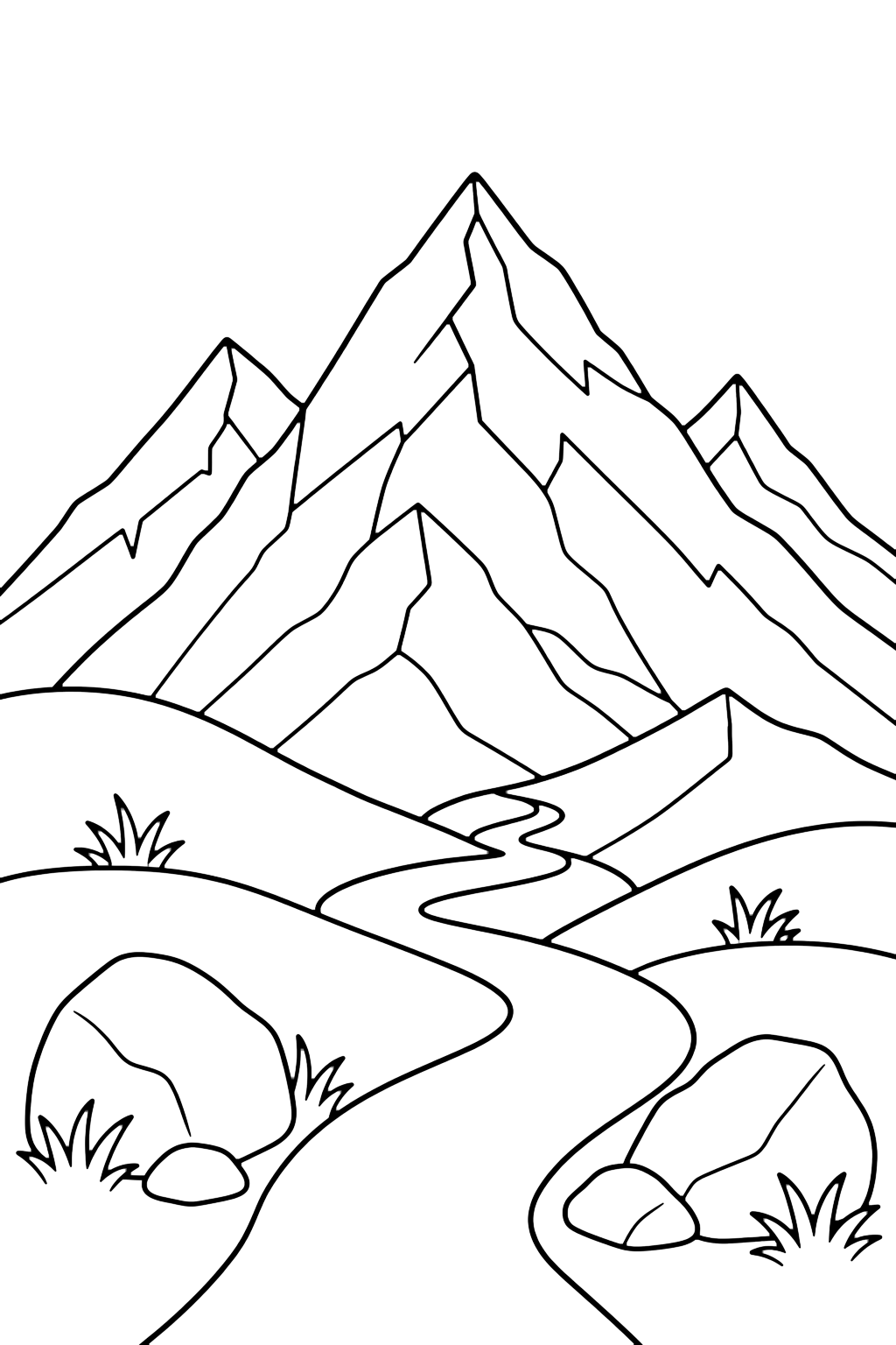 mountain range hiking trail coloring page with a mountain range with a winding hiking trail, simple foothills, large trail stones, and a few grass tufts for kids