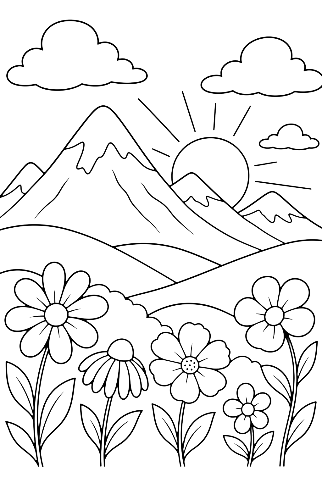 mountain sunset meadow coloring page with a meadow with large simple wildflowers in front of sunset mountains, rounded hills, soft clouds, and a low sun for kids