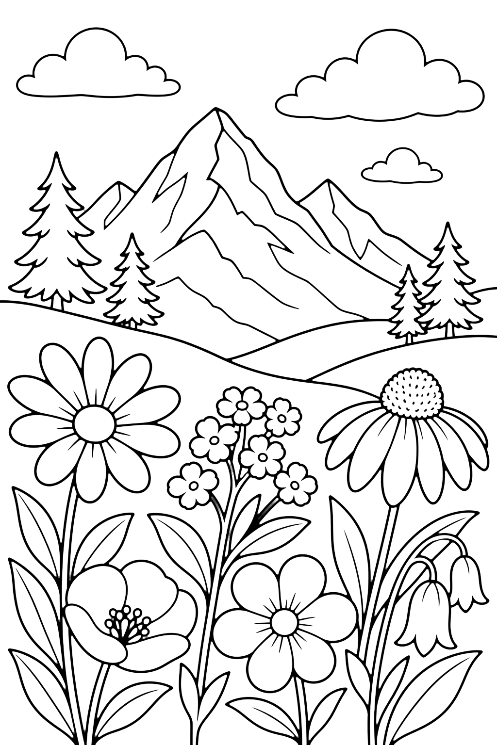 mountain wildflower meadow coloring page with a mountain meadow with large simple wildflowers in the foreground, tall peaks behind them, rolling hills, pine trees, and clouds for kids