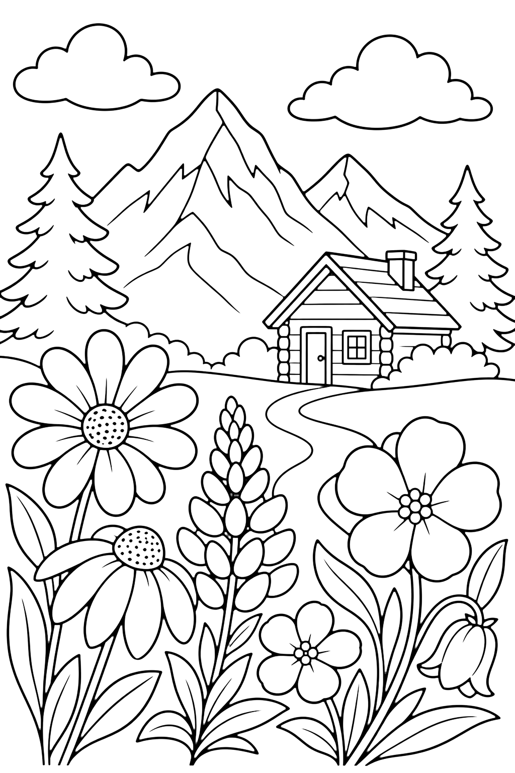 Berghütte mit Wildblumen Ausmalbild