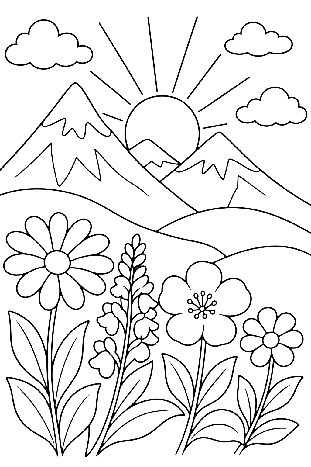 mountain wildflowers sunset coloring page with mountain wildflowers in front of a sunset sky with a low sun, simple sun rays, layered peaks, rounded hills, and clouds for kids