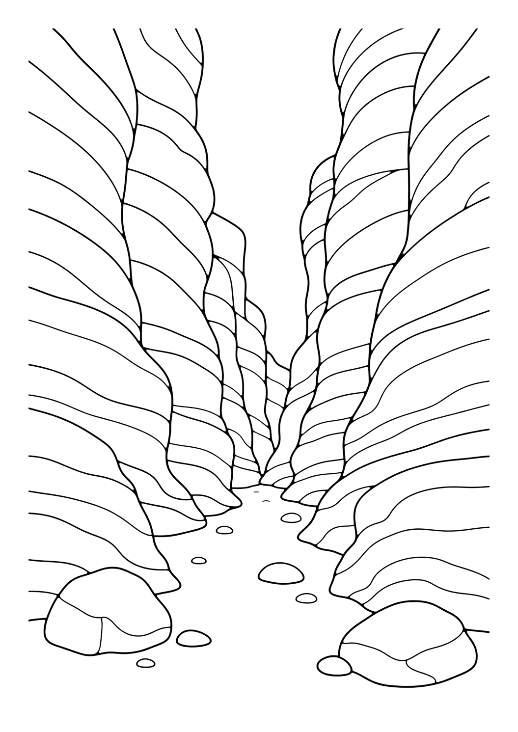 narrow desert canyon coloring page with a narrow desert canyon with tall curved walls, a sandy floor, small stones, and a bright opening for kids