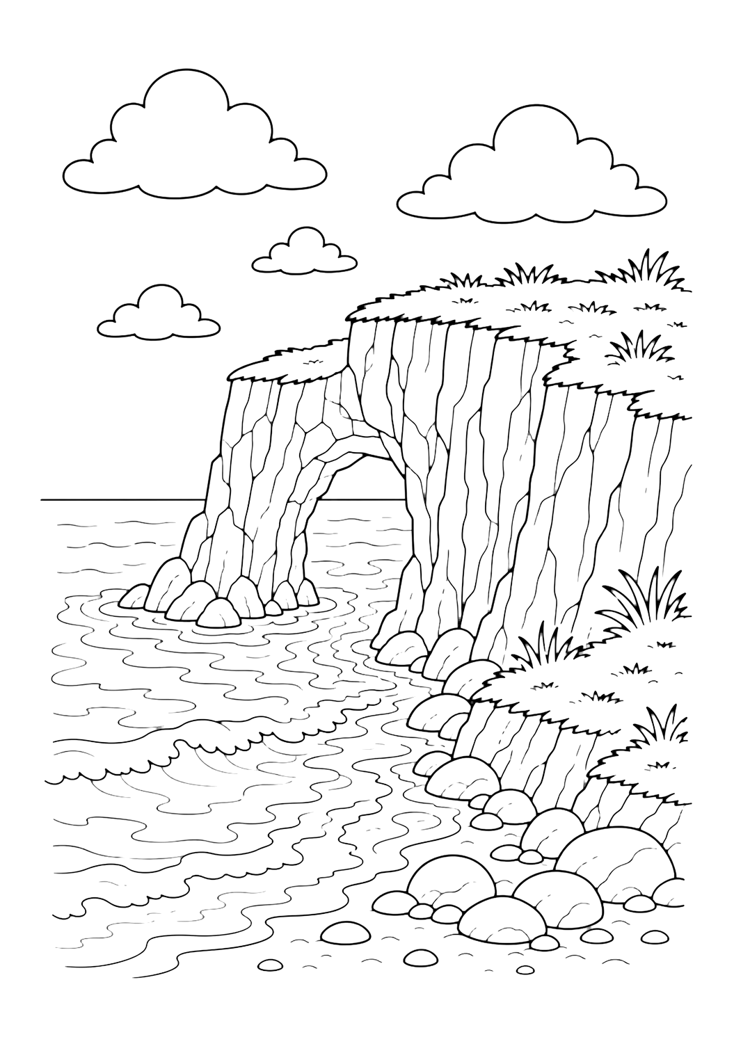 ocean cliff arch coloring page with a natural rock arch in an ocean cliff with waves passing through, stones, grass, and clouds for kids