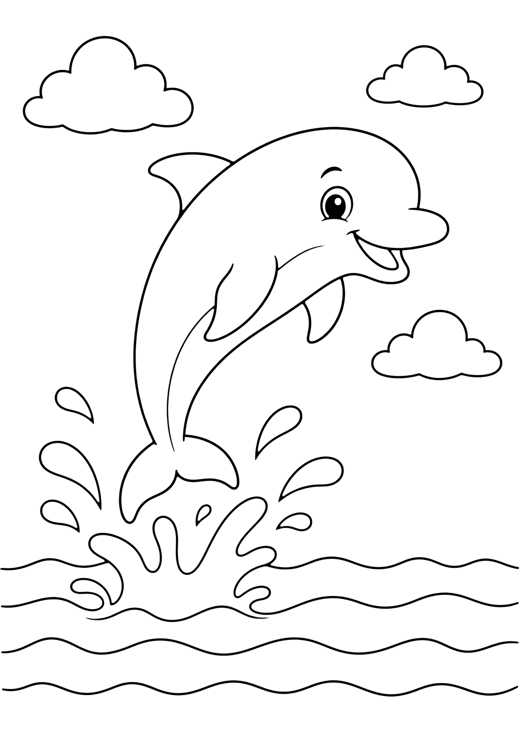 ocean dolphin coloring page with one friendly dolphin jumping above calm ocean waves with splash shapes, open sky, and no extra animals for kids