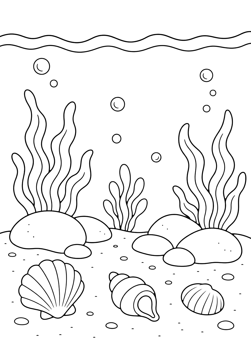 Disegno dell'oceano da colorare con fondo dell'oceano. Adatto a bambini, attività estive, stampa e colorazione online.
