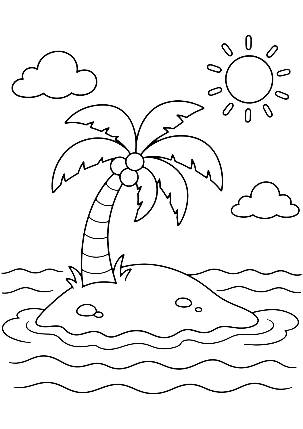 ocean island coloring page with a tiny ocean island with one palm tree, simple waves around it, a small sun, and open sky for kids