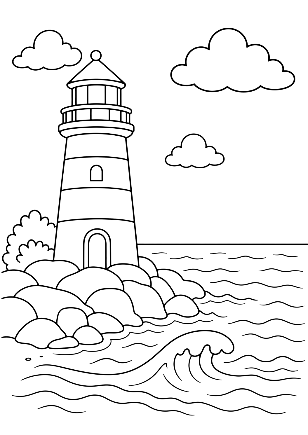 Coloriage d'océan avec phare de l'océan. Idéal pour enfants, activités d'été, impression et coloriage en ligne.