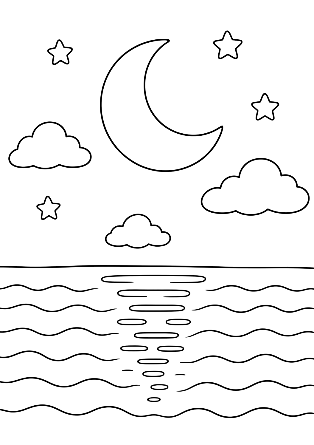 Disegno dell'oceano da colorare con luna e onde dell'oceano. Adatto a bambini, attività estive, stampa e colorazione online.