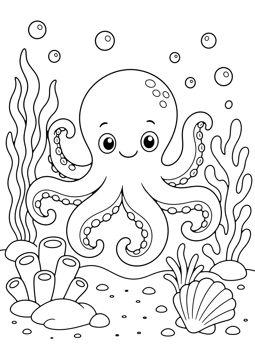 ocean octopus coloring page with a cute octopus with eight simple arms sitting near coral, bubbles, and seaweed on the ocean floor for kids