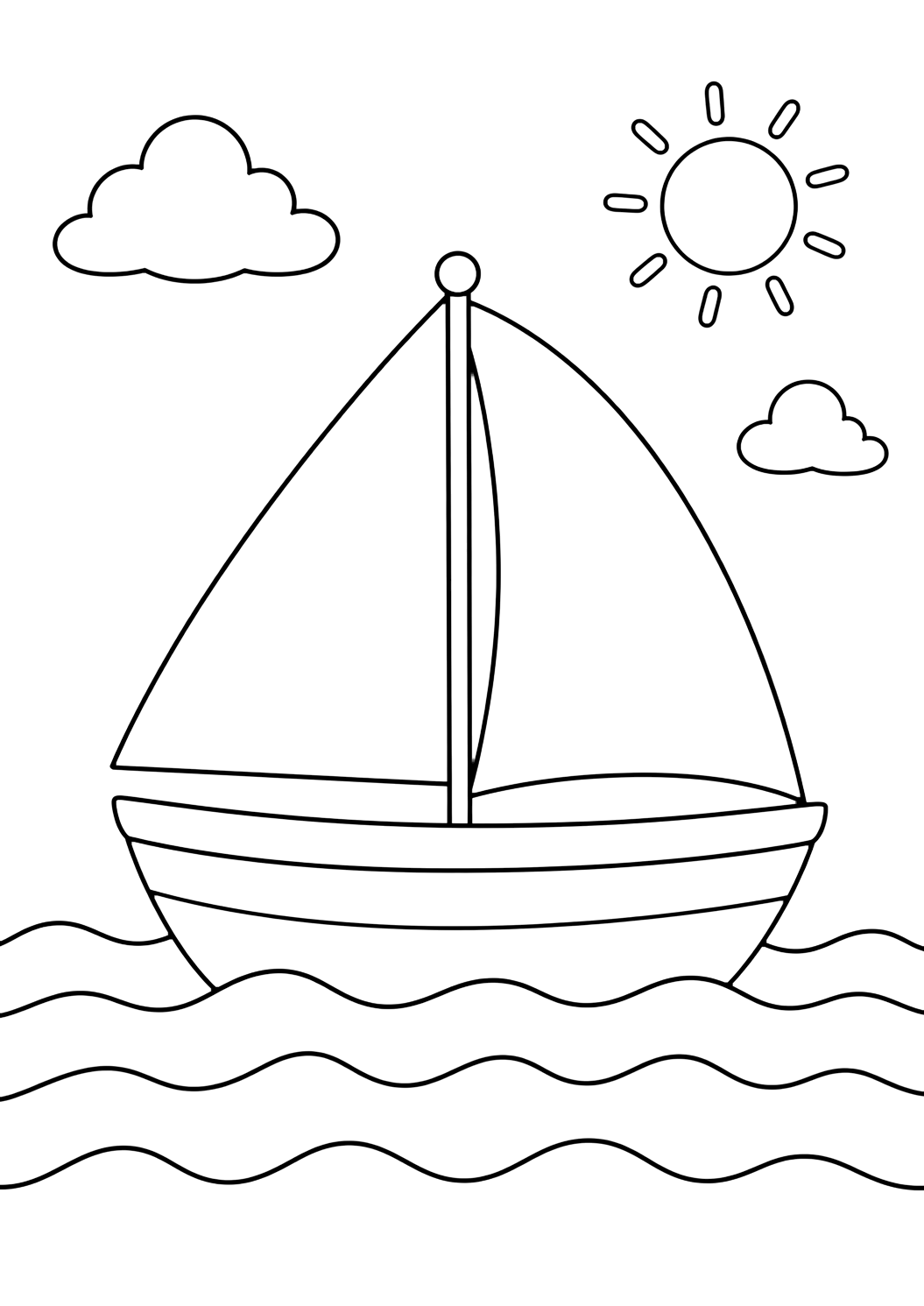 Disegno dell'oceano da colorare con barca a vela sull'oceano. Adatto a bambini, attività estive, stampa e colorazione online.