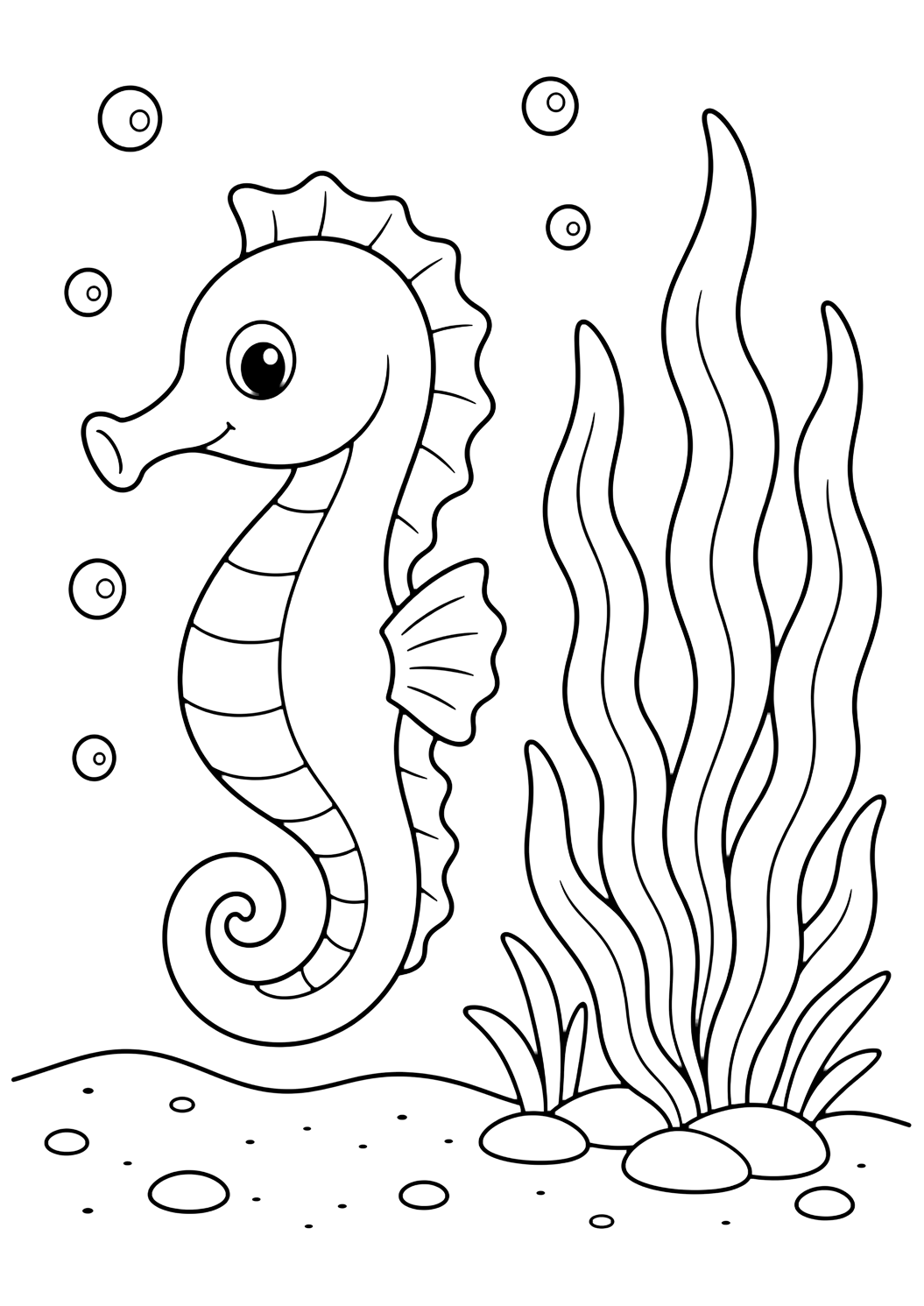 ocean seahorse coloring page with one cute seahorse beside sea grass, small bubbles, and a simple sandy ocean floor for kids
