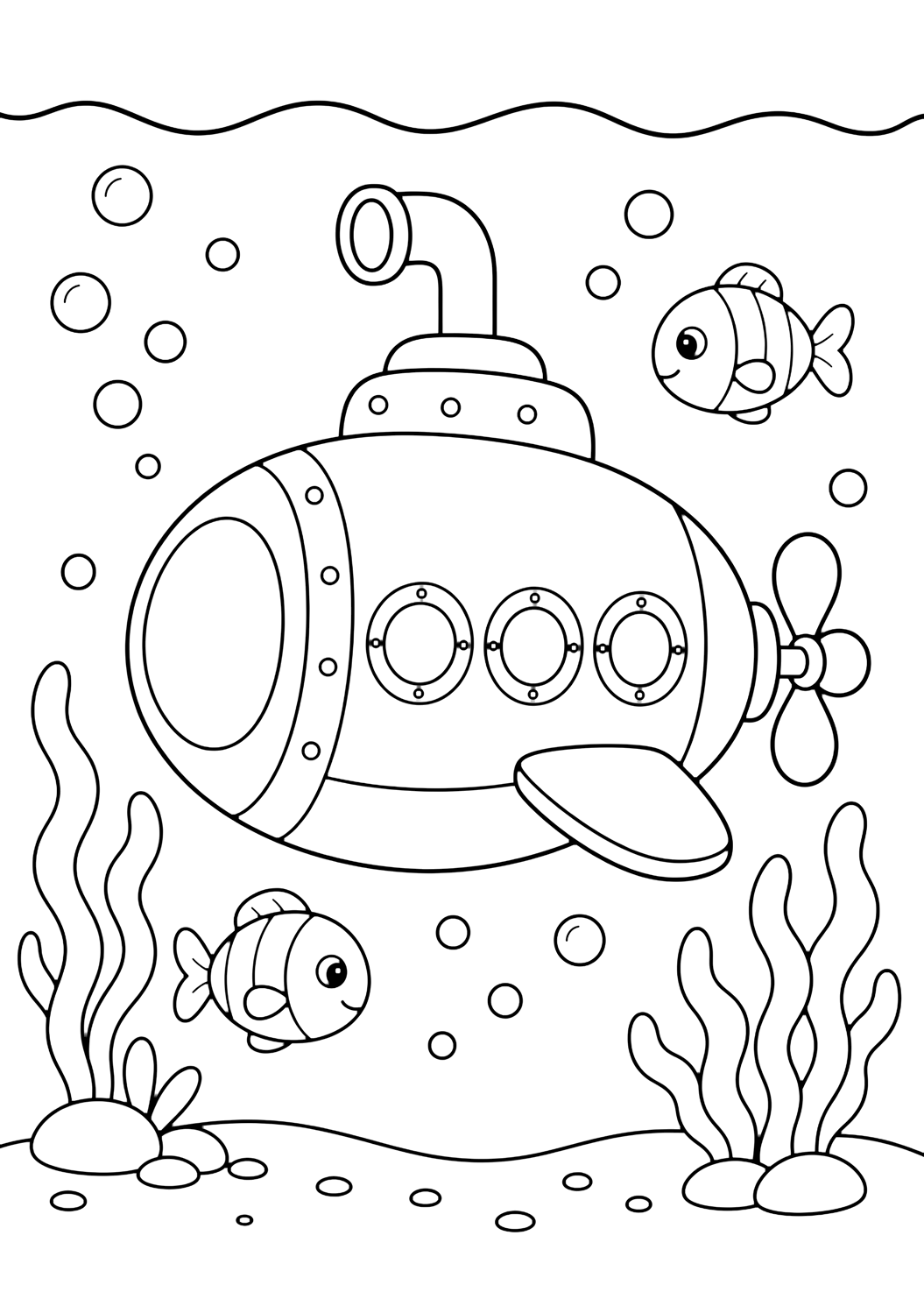 Coloriage d'océan avec sous-marin de l'océan. Idéal pour enfants, activités d'été, impression et coloriage en ligne.