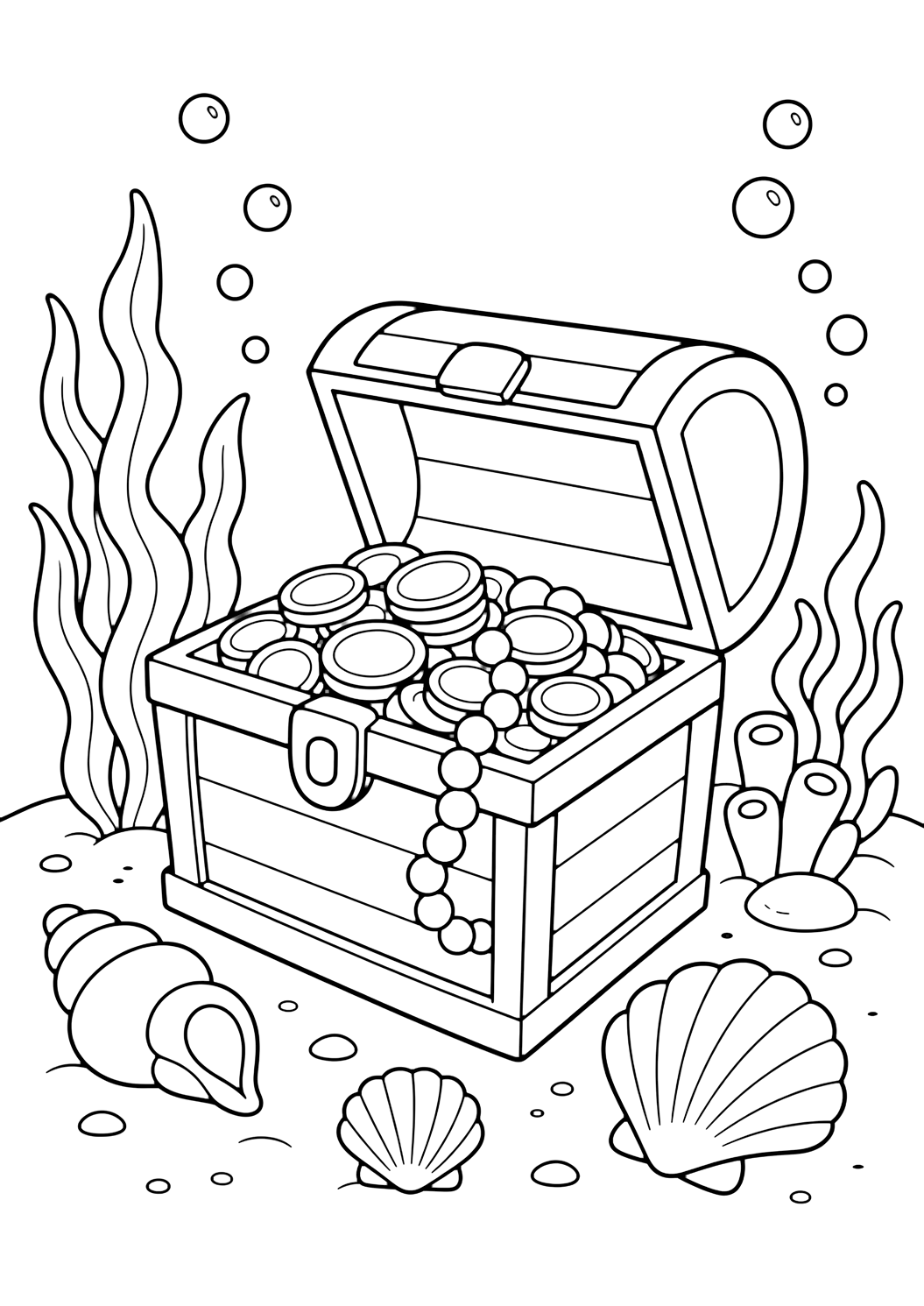 Disegno dell'oceano da colorare con forziere dell'oceano. Adatto a bambini, attività estive, stampa e colorazione online.