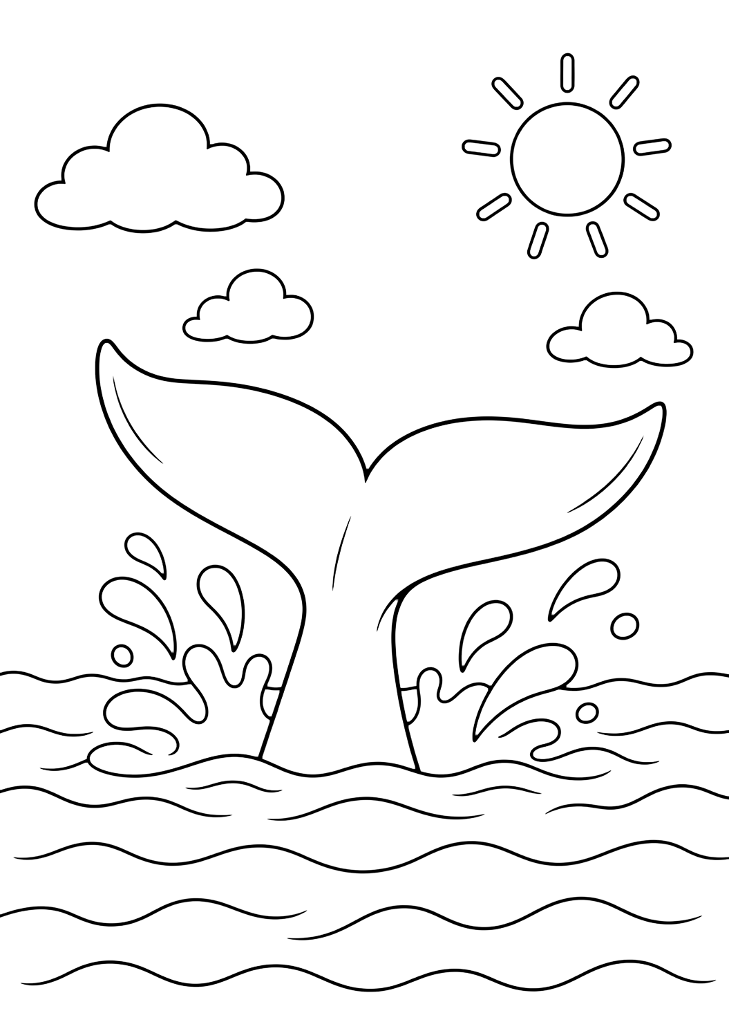 Disegno dell'oceano da colorare con coda di balena nell'oceano. Adatto a bambini, attività estive, stampa e colorazione online.