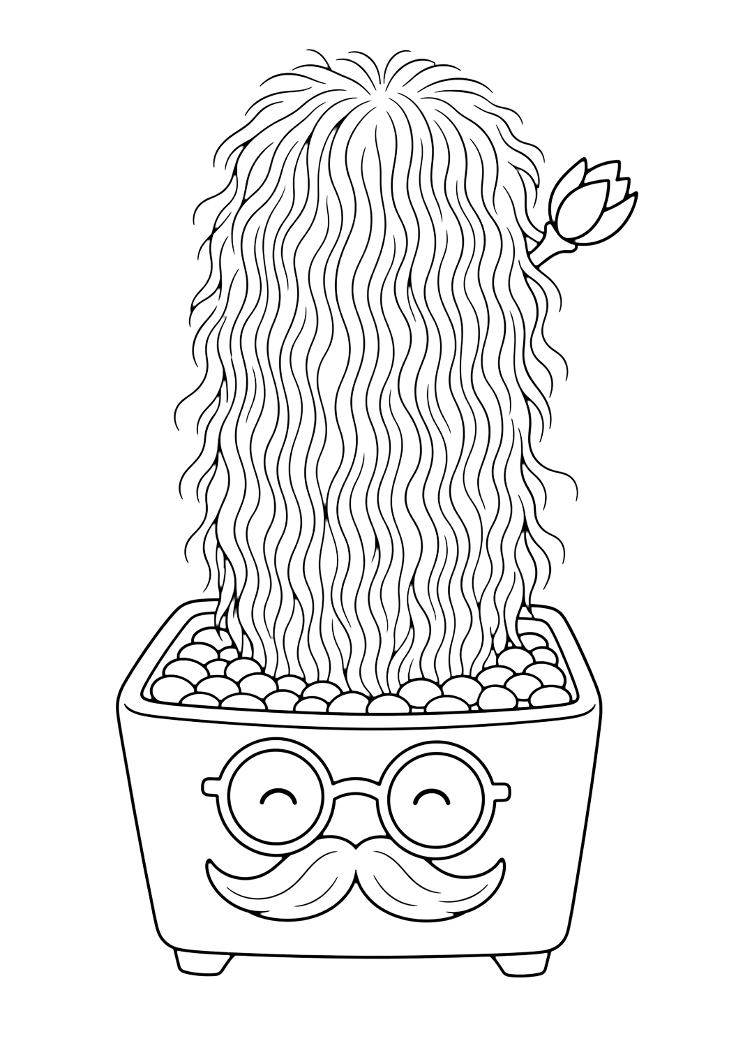 Cactus vieil homme à colorier avec un cactus avec côtes nettes, petites épines douces, pot ou cailloux du désert et espaces fermés confortables. Parfait pour les enfants qui aiment les coloriages de cactus à imprimer et à colorier en ligne.