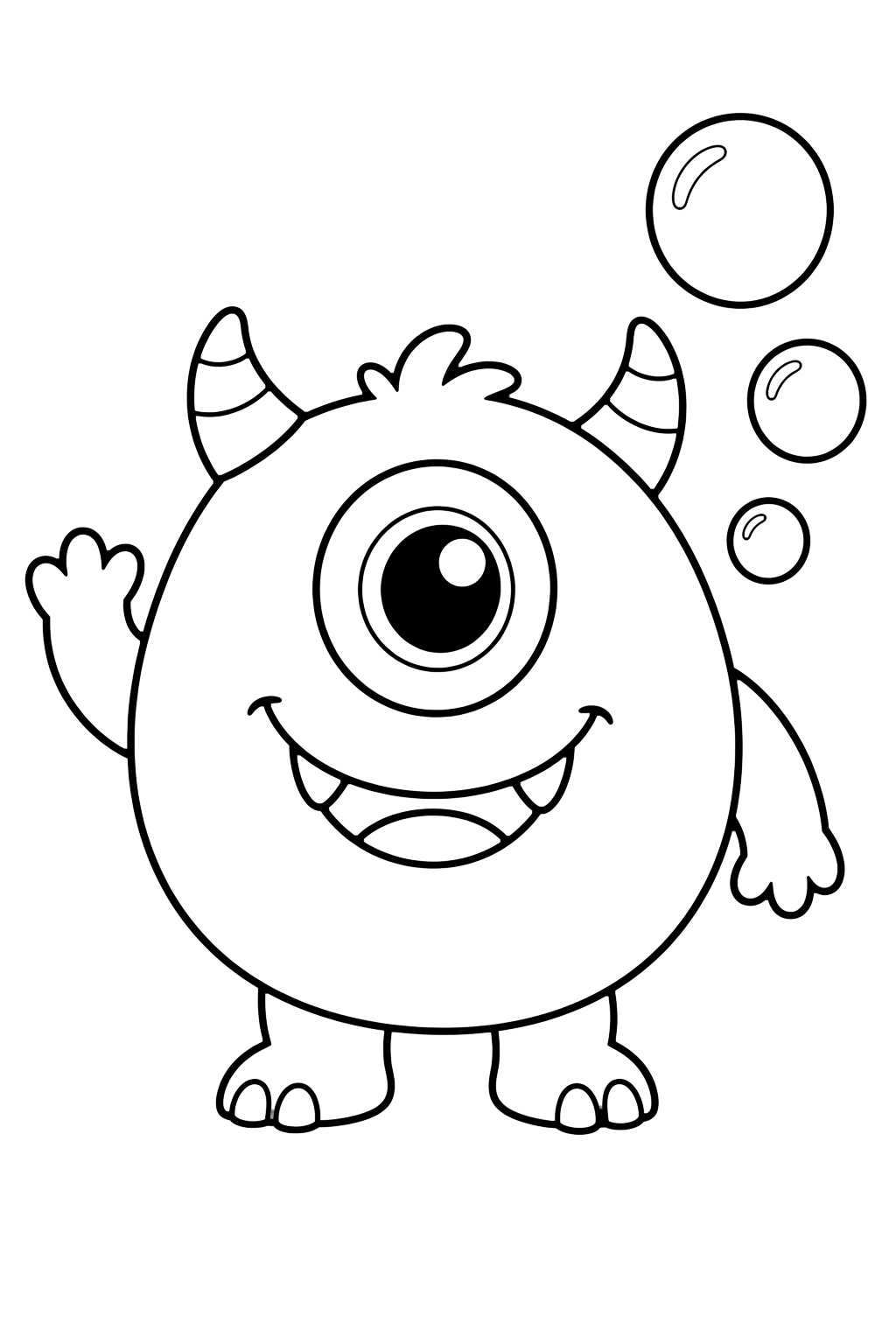 one-eyed bubble monster coloring page with a round friendly one-eyed monster with two small horns, tiny feet, and three large bubbles floating beside it for kids
