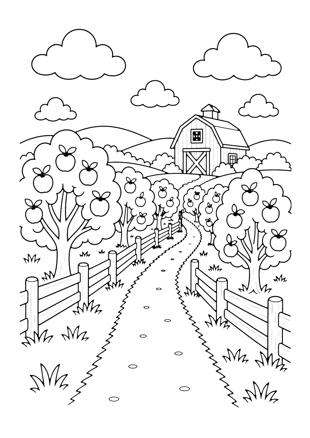 orchard farm landscape coloring page with an orchard farm with rows of simple fruit trees, a path, fence, distant barn, and clouds for kids