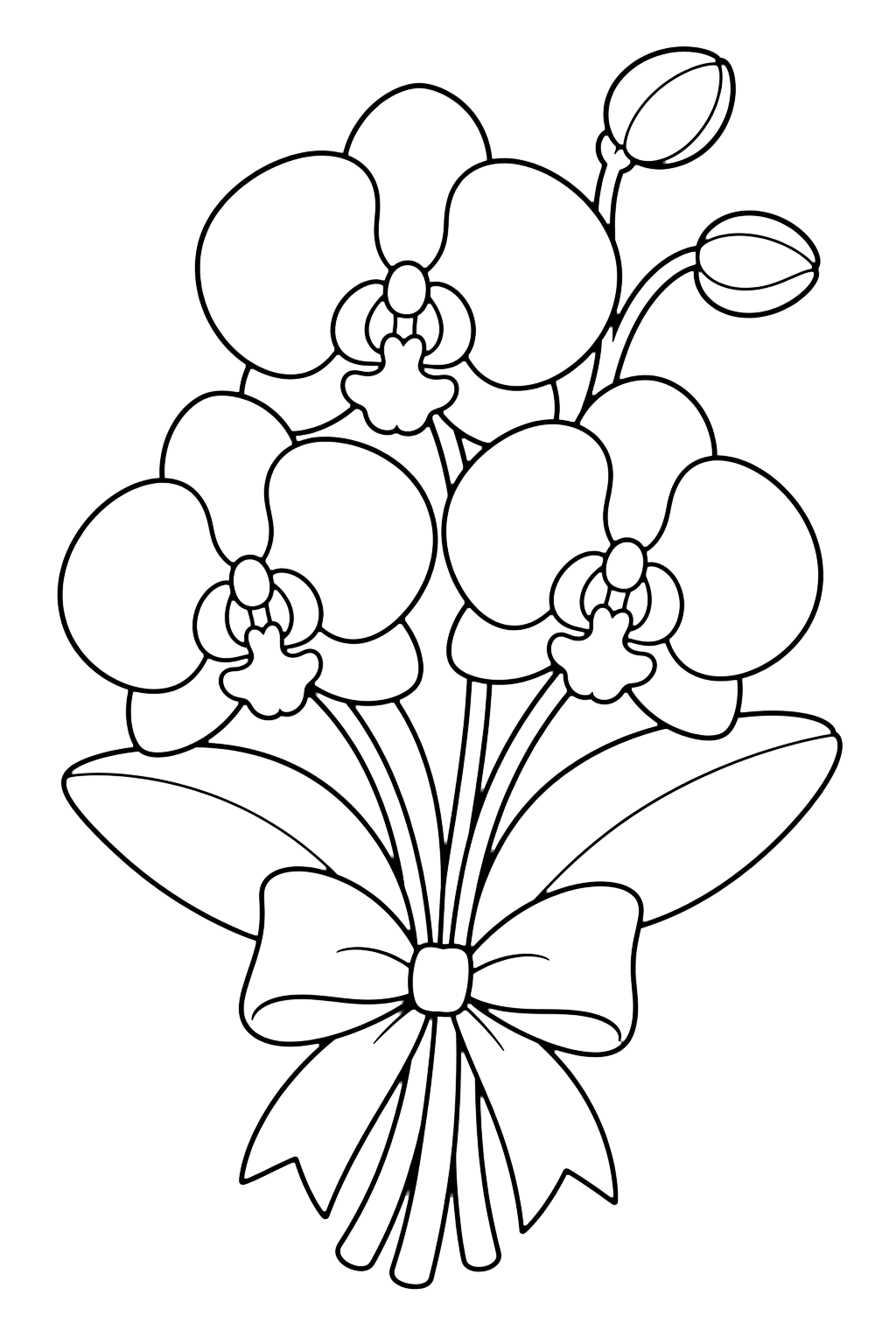 Ramo de orquídeas para colorear con ramo de orquídeas con flores de orquídea, capullos, tallos curvos, hojas anchas y detalles decorativos sencillos. Ideal para niños que disfrutan orquídeas para colorear para imprimir y colorear online.