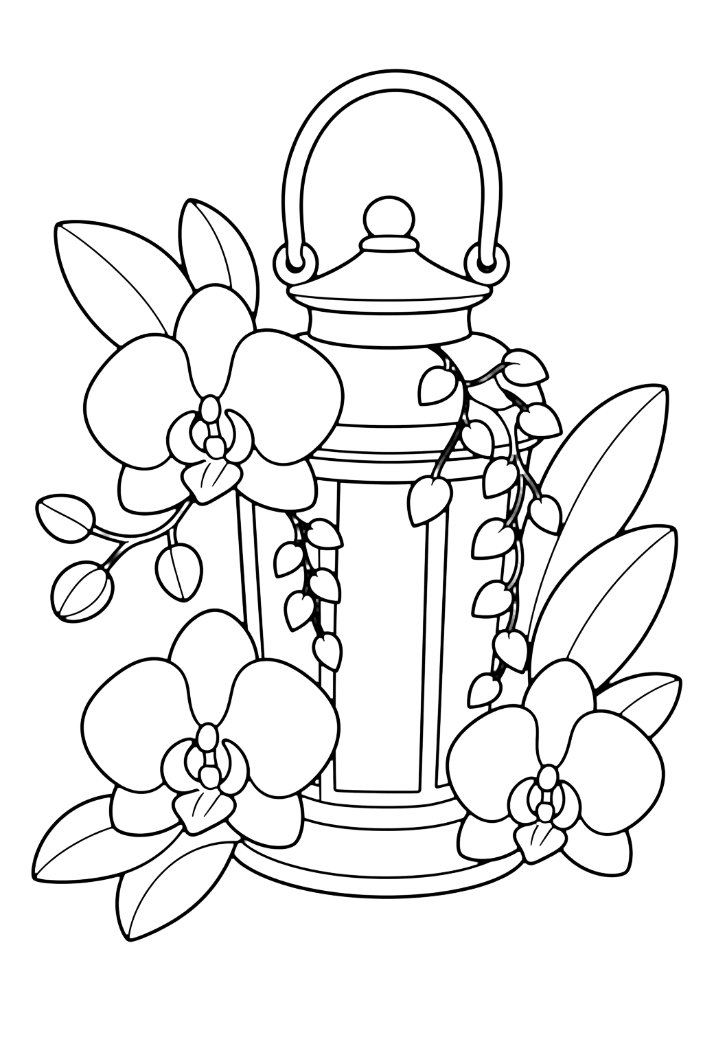 Lanterne avec orchidées à colorier avec lanterne avec orchidées avec des fleurs d'orchidée, des boutons, des tiges courbées, de larges feuilles et des détails décoratifs simples. Parfait pour les enfants qui aiment les coloriages d'orchidées à imprimer et à colorier en ligne.
