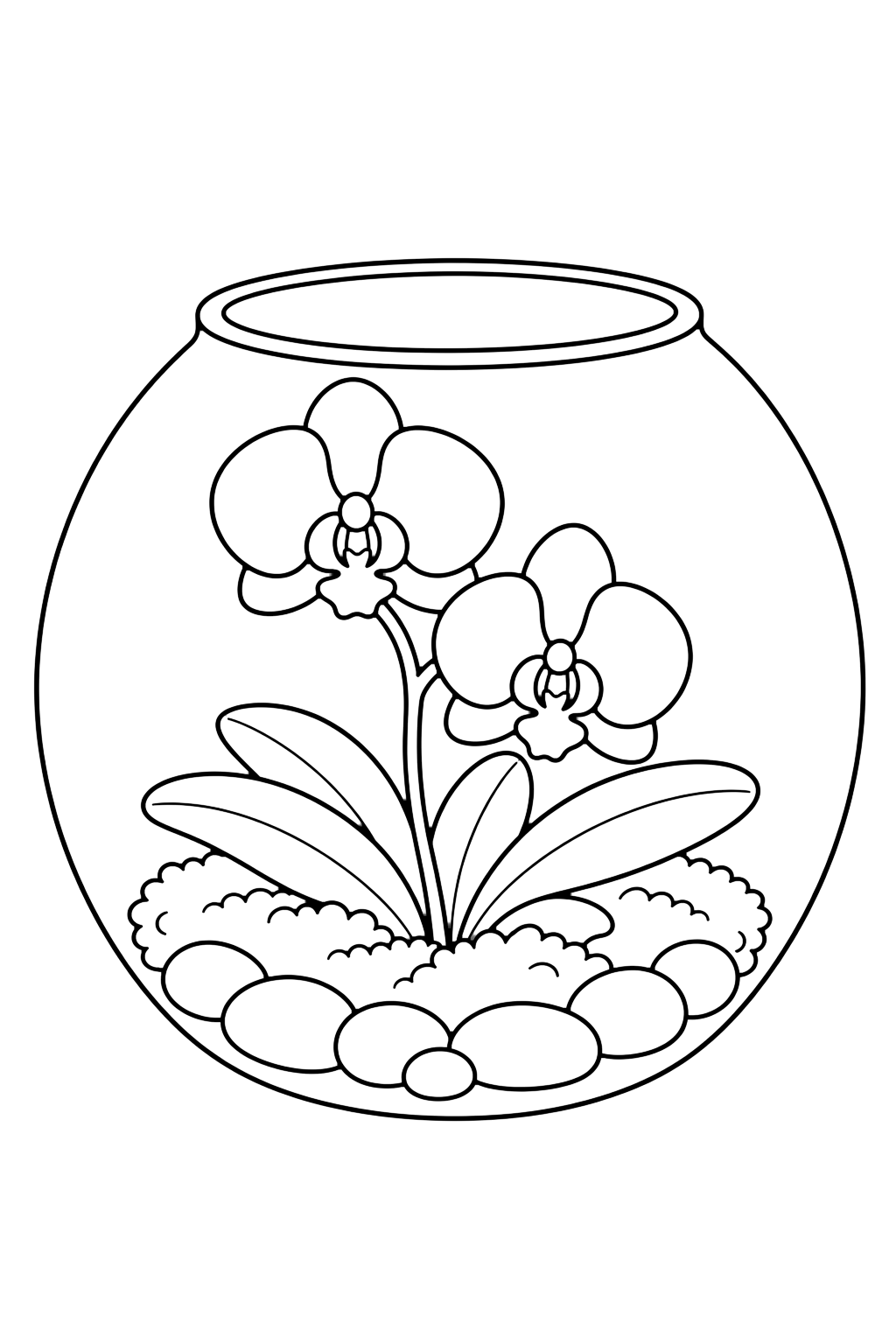 Orchidée en terrarium à colorier avec orchidée en terrarium avec des fleurs d'orchidée, des boutons, des tiges courbées, de larges feuilles et des détails décoratifs simples. Parfait pour les enfants qui aiment les coloriages d'orchidées à imprimer et à colorier en ligne.
