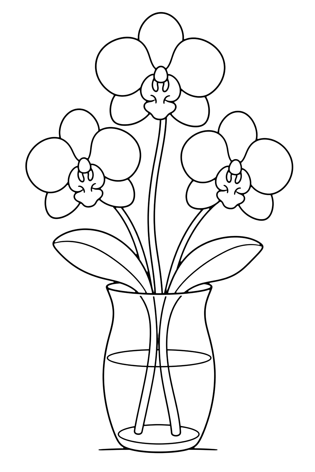 Orchidées dans un vase à colorier avec orchidées dans un vase avec des fleurs d'orchidée, des boutons, des tiges courbées, de larges feuilles et des détails décoratifs simples. Parfait pour les enfants qui aiment les coloriages d'orchidées à imprimer et à colorier en ligne.