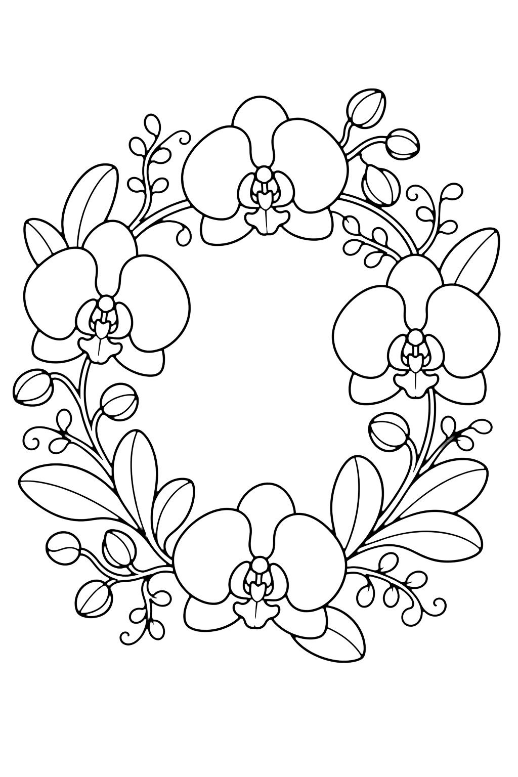 orchid wreath coloring page with a round orchid wreath with orchid blossoms, buds, leaves, small vines, and an open center with no text for kids