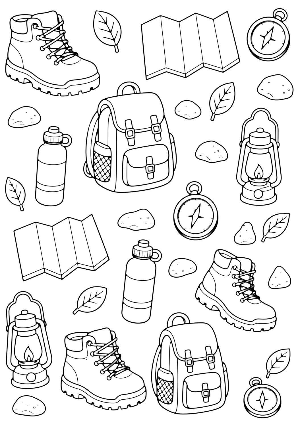 Картинка с поход и приключение навън: doodle шарка с екипировка навън. Подходяща за печат, изтегляне, онлайн оцветяване и летни занимания.