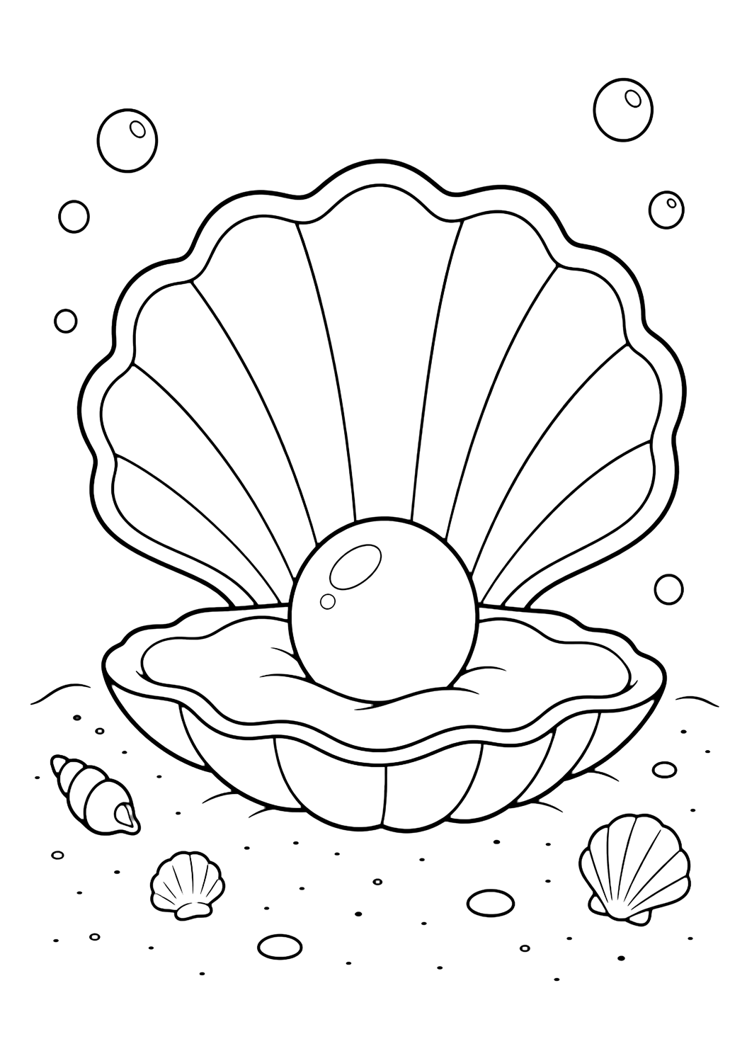 Disegno da colorare con ostrica con perla. Adatto a bambini, spiaggia, estate, stampa e colorazione online.