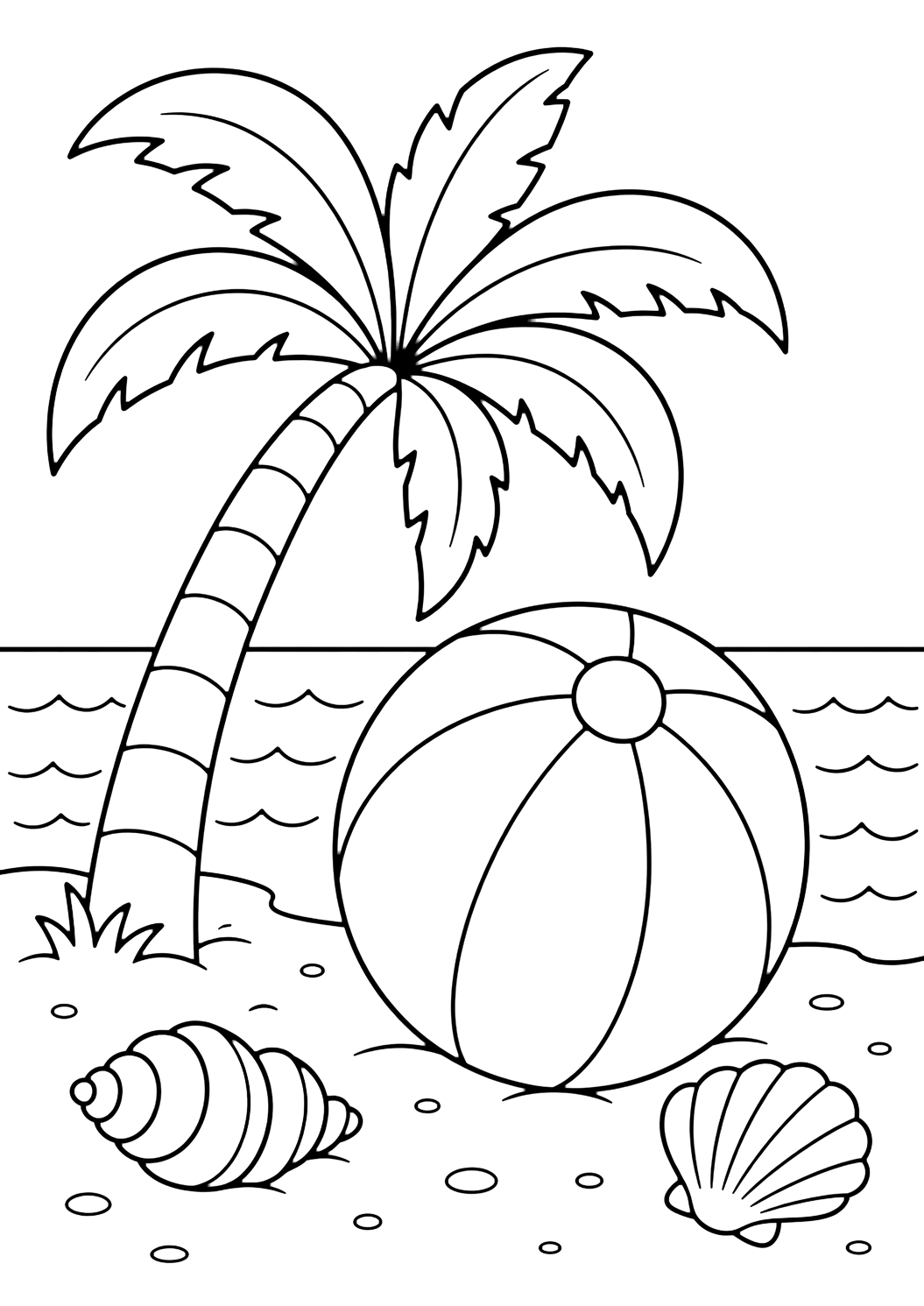 Coloriage avec palmier et ballon de plage. Idéal pour enfants, plages tropicales, été, impression et coloriage en ligne.
