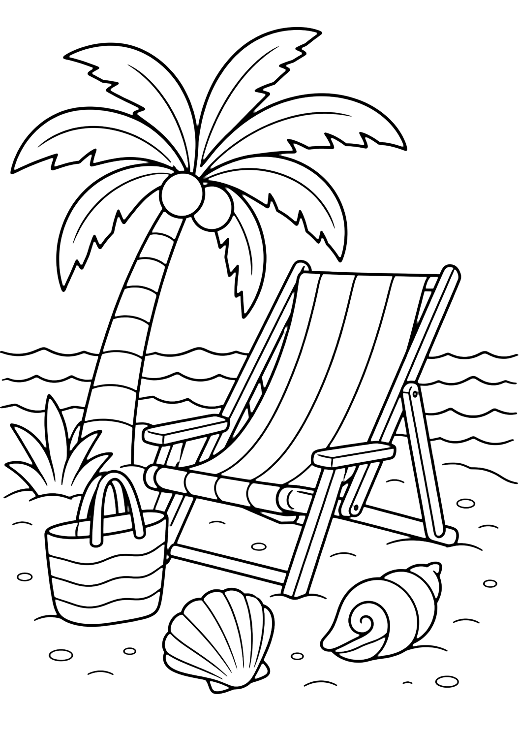 Dibujo para colorear con palmera y silla de playa. Ideal para niños, playas tropicales, verano, impresión y coloreado online.