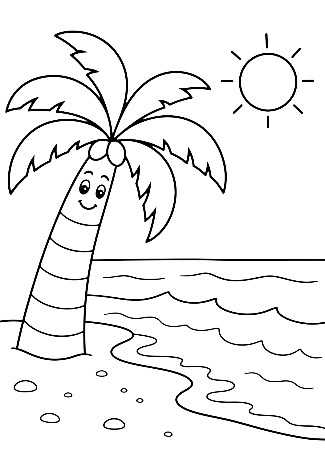 Dibujo de playa para colorear con escena de playa con palmera. Ideal para niños, actividades de verano, impresión y coloreado online.