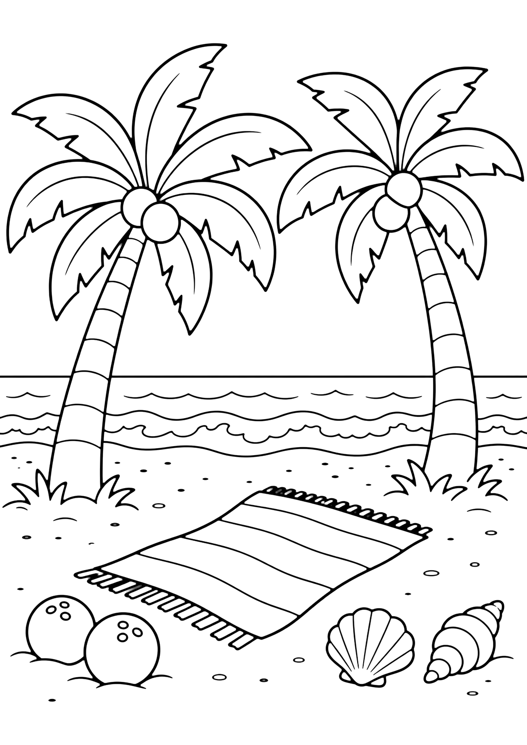 Coloriage avec palmiers et serviette de plage. Idéal pour enfants, plages tropicales, été, impression et coloriage en ligne.