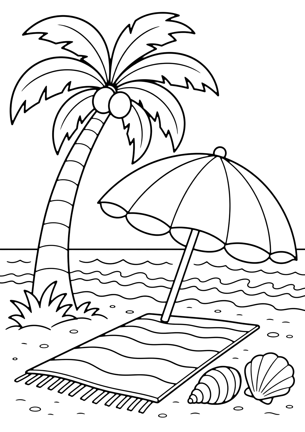 Dibujo para colorear con palmera y sombrilla de playa. Ideal para niños, playas tropicales, verano, impresión y coloreado online.