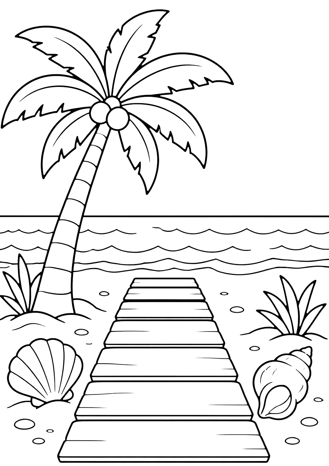 Dibujo para colorear con palmera y pasarela de playa. Ideal para niños, playas tropicales, verano, impresión y coloreado online.