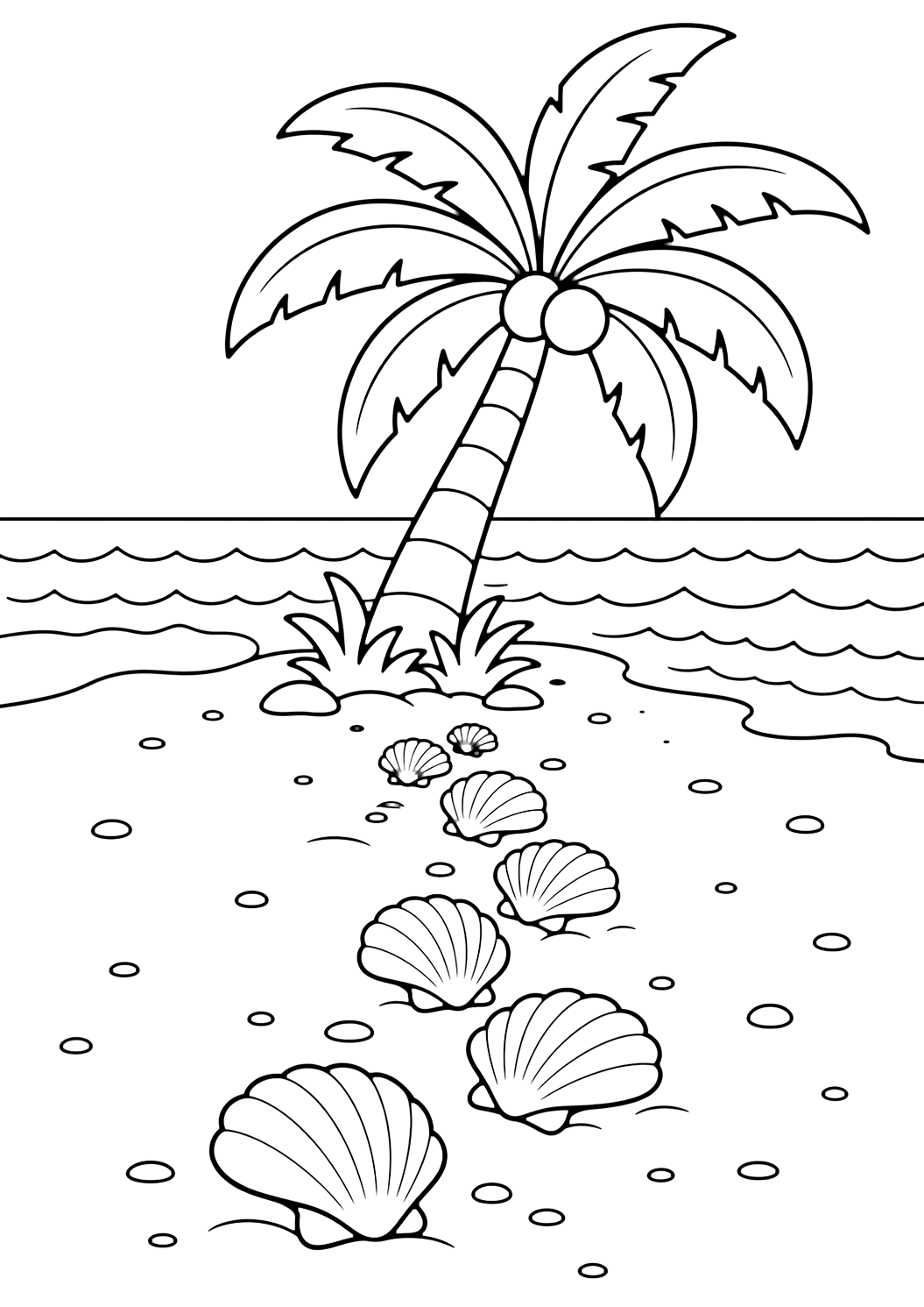 Dibujo para colorear con palmera con camino de conchas. Ideal para niños, playas tropicales, verano, impresión y coloreado online.