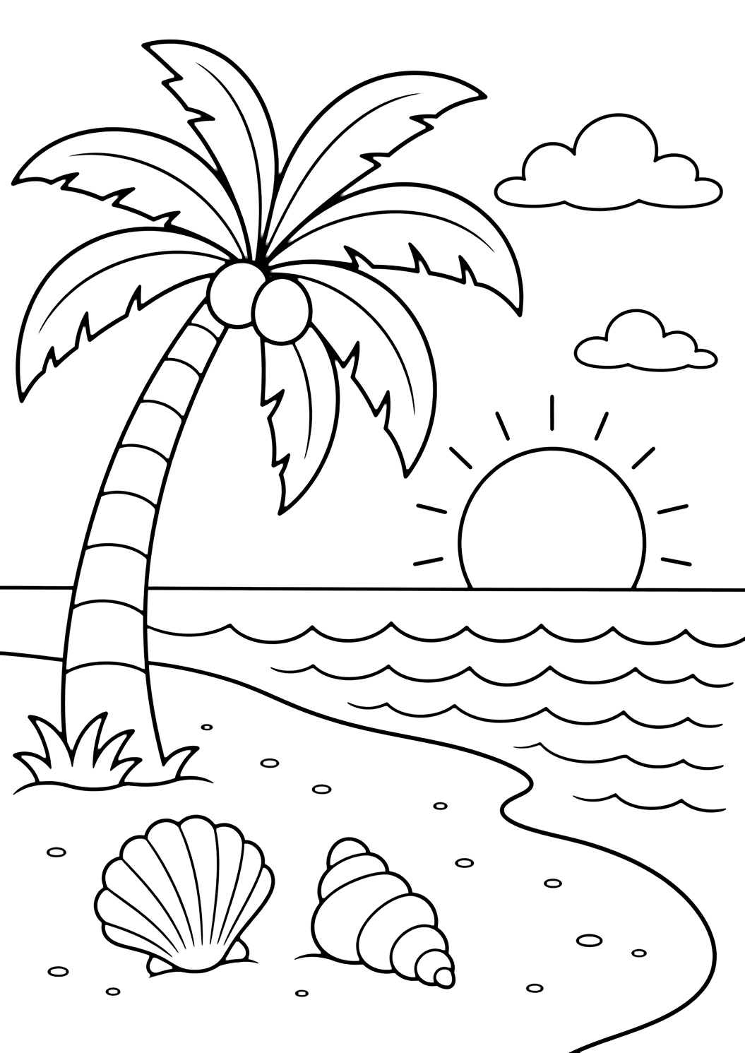 Disegno da colorare con palma con sole all'orizzonte. Adatto a bambini, spiagge tropicali, estate, stampa e colorazione online.