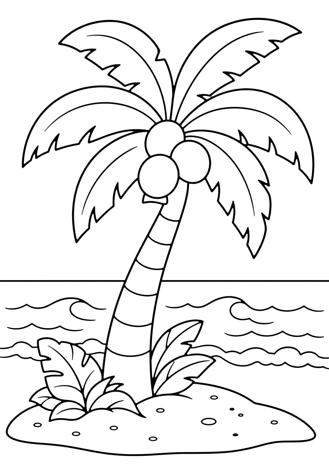 Coloriage avec palmier avec noix de coco. Idéal pour enfants, plages tropicales, été, impression et coloriage en ligne.