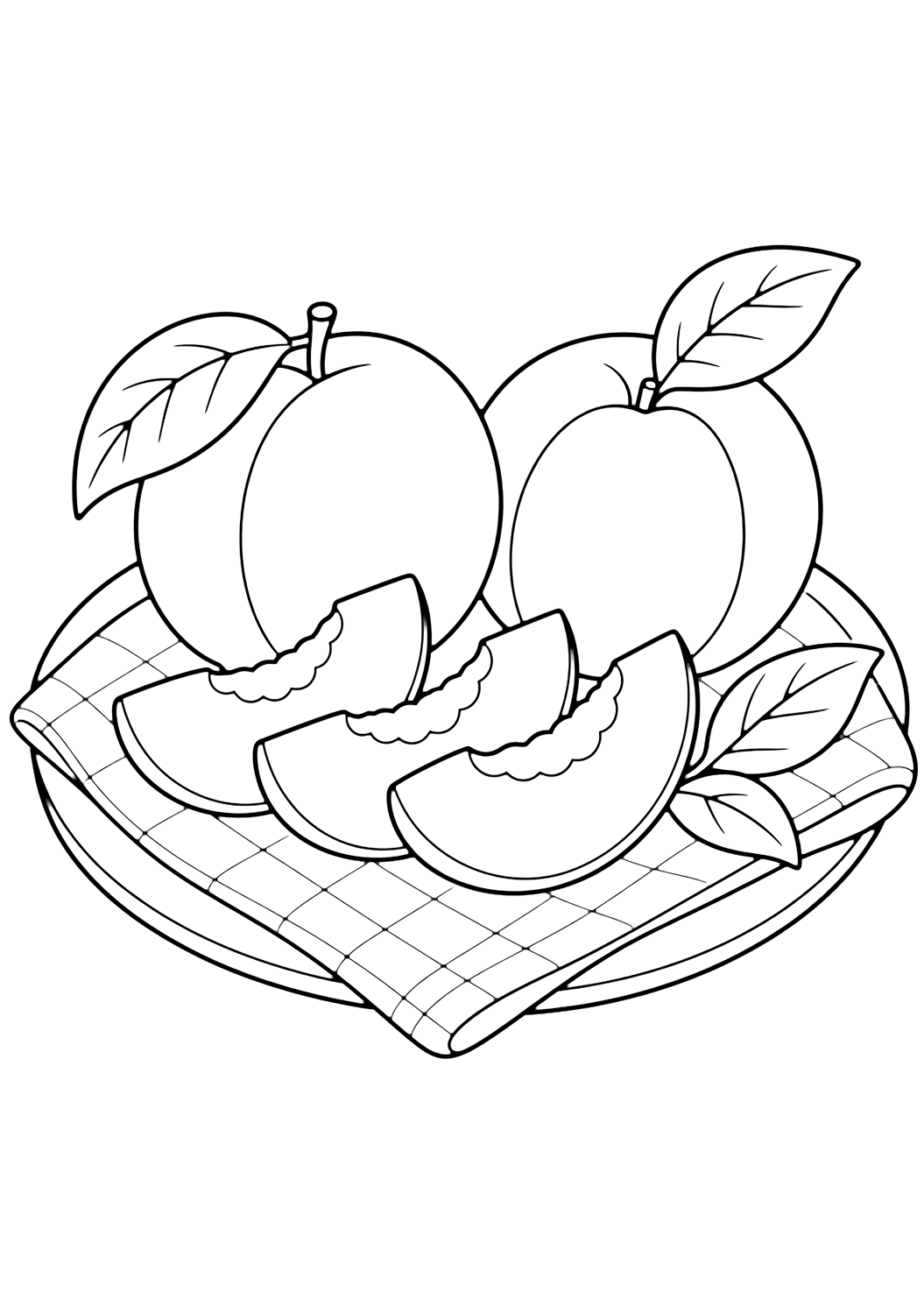 Dibujo de frutas de verano con melocotones de picnic. Ideal para niños, verano, impresión y coloreado online.