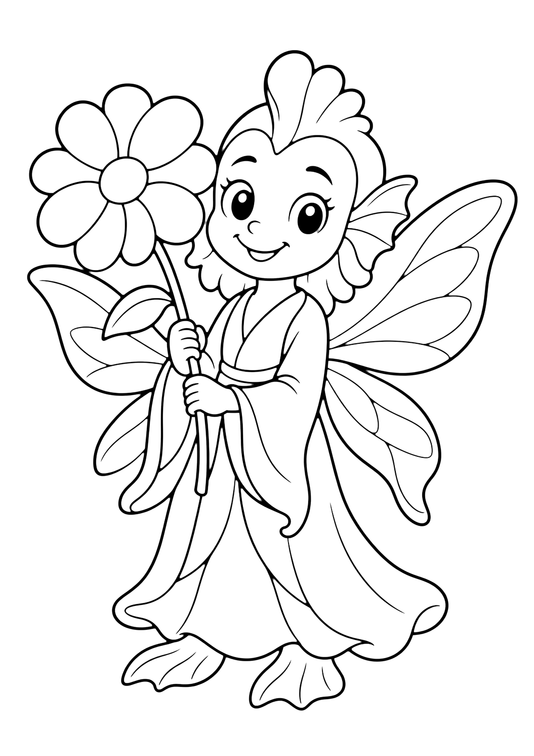 Peri fairy creature coloring page with a smiling Peri fairy creature with simple wings, a flowing robe, and one large flower for kids