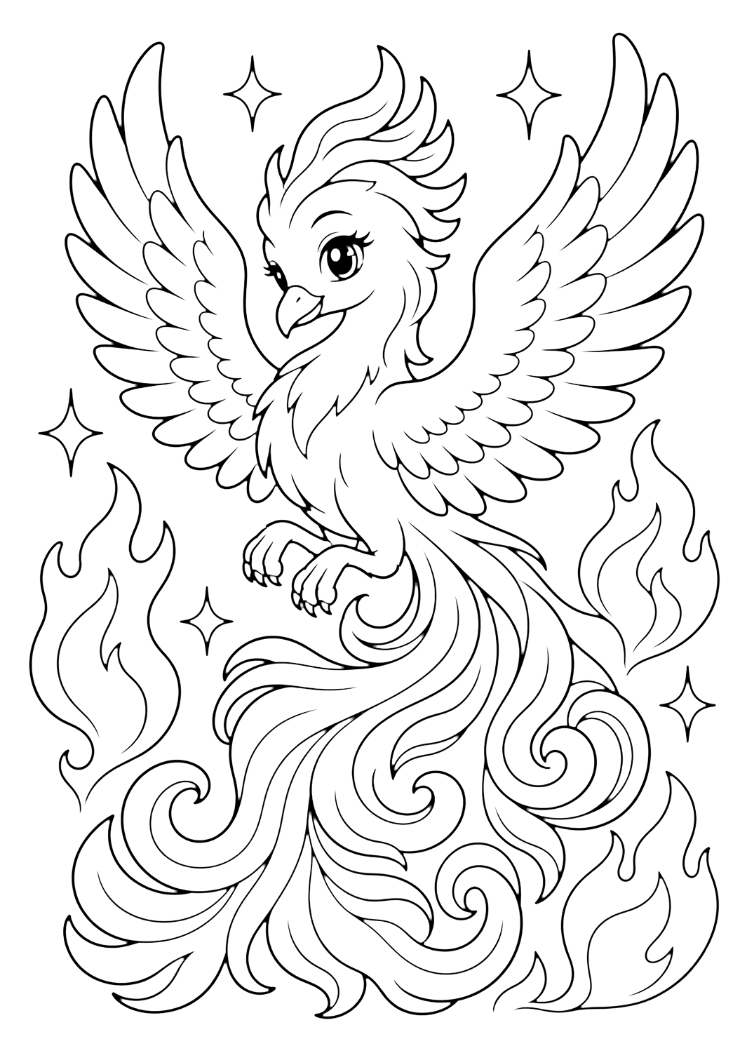 Phénix avec flammes scintillantes à colorier