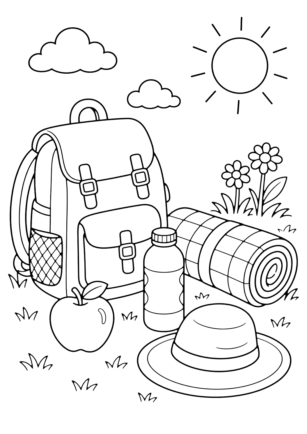 picnic backpack and blanket coloring page with a small picnic backpack beside a rolled blanket, water bottle, apple, and sun hat on grass