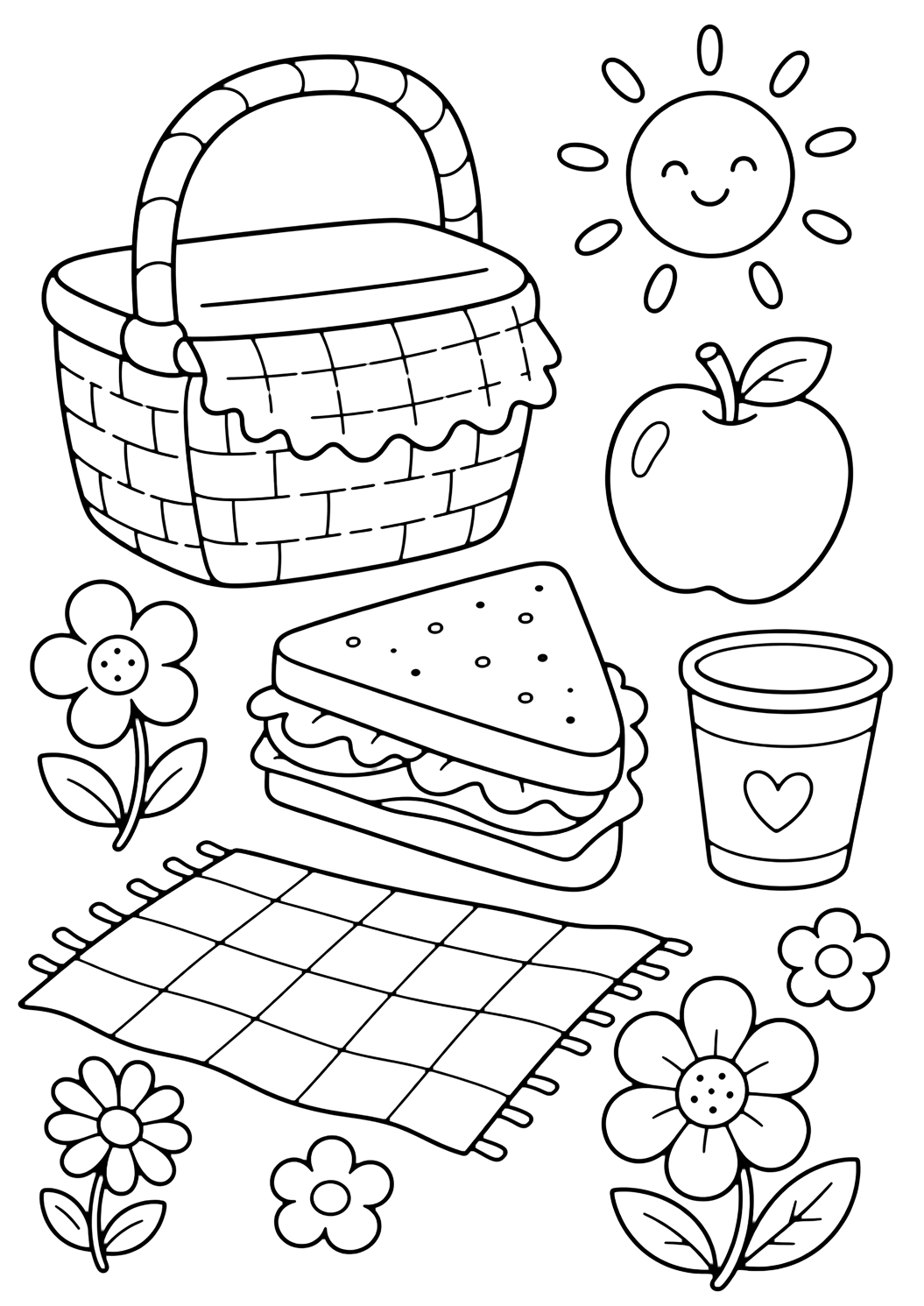 Лятна doodle картинка за оцветяване с пикник doodle. Подходяща за деца, печат и онлайн оцветяване.