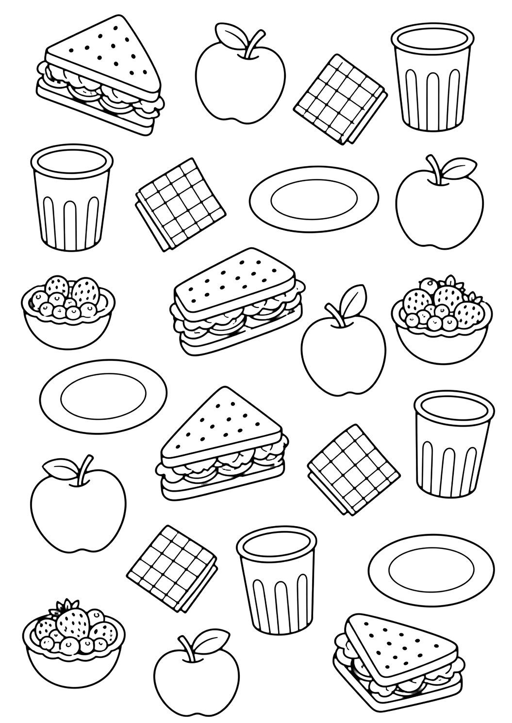 Dibujo de picnic con patrón doodle de comida de picnic. Ideal para imprimir, descargar, colorear online y actividades tranquilas de verano.